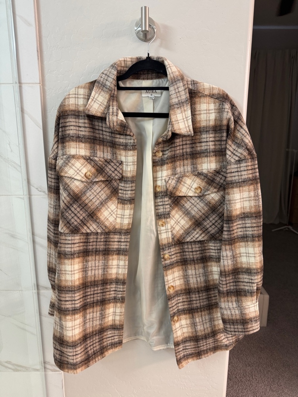 Aura Brown & Cream Plaid Button-Up Shacket